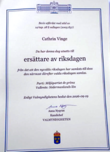 Officiellt brev från Valmyndigheten som berättar att Cathrin Vinge är utsedd till ersättare i riksdagen.